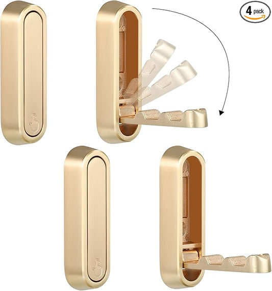 Folding Wall Hooks, 4 Pcs Foldable Gold Coat Hooks Heavy Duty Foldable Hook Bathroom Towel Hooks Robe Hooks Wall Mounted for Hanging Coat Towels Clothes Hat Bags Keys