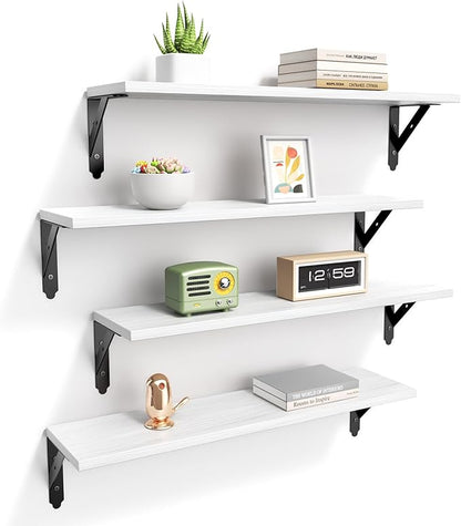 Wood Floating Shelves Set of 4, Rustic Storage Decor Wall Shelves, Wall Mounted Shelf for Living Room, Bedroom 23.6" x 6", White