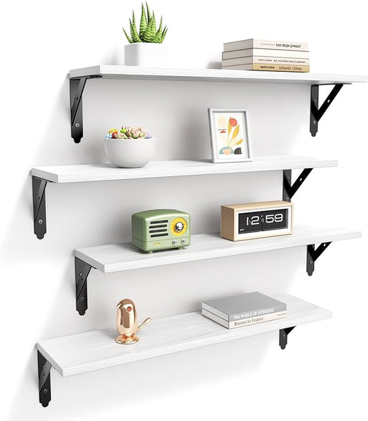 Wood Floating Shelves Set of 4, Rustic Storage Decor Wall Shelves, Wall Mounted Shelf for Living Room, Bedroom 23.6" x 6", White