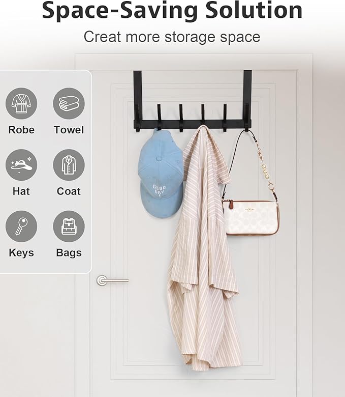 Over The Door Hooks, Door Hanger Hooks for Hanging, Over The Door Towel Racks for Bathroom, Coat Rack Door Towel Hanger Towel Hooks (1Pack, Black)