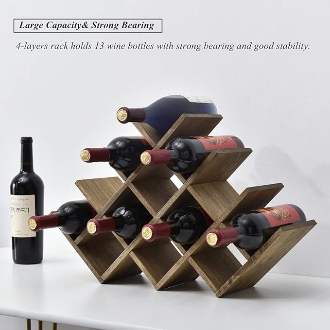 KIRIGEN 13-Bottle Wine Rack 4-Tier Nature Wood Wine Display Rack/Standing and Countertop Storage Shelf - Bottle Holder/Cabinet Glass 4-Layer Dark Brown XHJJ4-DBR