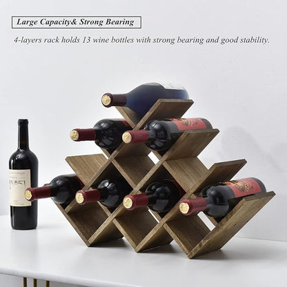 KIRIGEN 13-Bottle Wine Rack 4-Tier Nature Wood Wine Display Rack/Standing and Countertop Storage Shelf - Bottle Holder/Cabinet Glass 4-Layer Dark Brown XHJJ4-DBR