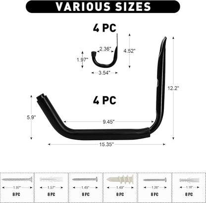 KURUI Heavy Duty Garage Storage Hooks, 100 LB (15") Wall Mount Kayak Rack for Hanging Indoor/Outdoor, 8 Pack Large Wall Hook for Ladder Surfboards, Black Organization Hangers, Kayak Accessories