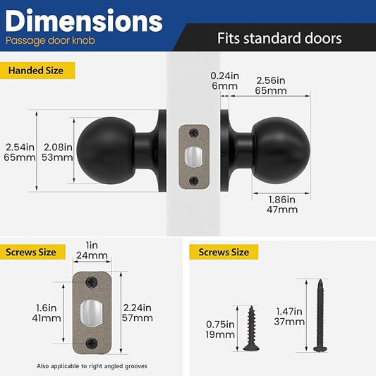Passage Door Knob - Closet Door Knobs, 3 Pack Keyless Doorknob Interior Door Knob Without Lock for Hallway, Matte Black
