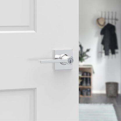 Kwikset Casey Entry Door Handle with Lock and Key, Secure Keyed Reversible Lever Exterior, Door Lock, For Front Door Entrance and Bedrooms, Polished Chrome, Pick Resistant Smartkey Rekey Security