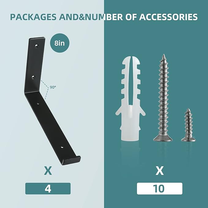 HEART ART Black Shelf Bracket 8 inch, J Metal Heavy Duty Shelf Support Brackets 4 Pack，7.5" L×4" H×1.5" W.