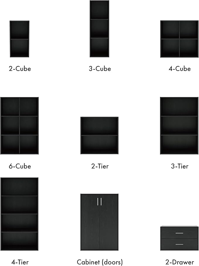 Homes: Inside + Out Apexa 3-Cube Storage Organizer Shelves, Stackable Wood Bookcase Fits Cubby Bins for Organization, Dorm Teen Room Decor & Home Office, Black