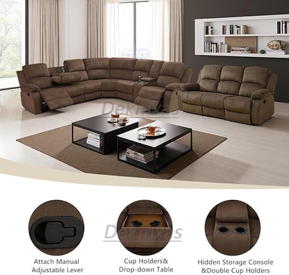 Recliner Sectional Sofa Set, Living Room Furniture Sets,Brown 4-Piece Corduroy Living Room Reclining Sectional Sofa Couch with Drop-Down Table/Cup Holder/Storage Console for Bedroom,Apartment
