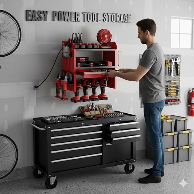 KSVO Power Tool Organizer Wall Mount with Drill Rack & Locking Drawers - Heavy Duty Metal Tool Shelf for Garage, Workshop, Shed, Basement Tool Organization - Gift for Men/Father (Red)