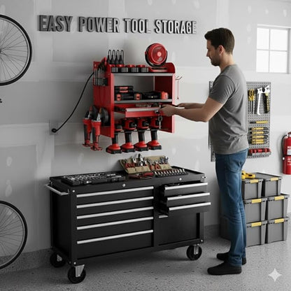KSVO Power Tool Organizer Wall Mount with Drill Rack & Locking Drawers - Heavy Duty Metal Tool Shelf for Garage, Workshop, Shed, Basement Tool Organization - Gift for Men/Father (Red)