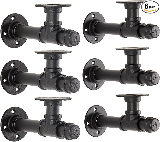 Industrial Pipe Shelf Bracket 6.7",Iron L Pipe Shelving Wall Floating Shelf Bracket for 6-12" Board,Industrial Pipe Shelves Heavy Duty Black Metal Pipe Clothing Rack 6 Pack, Include Accessories