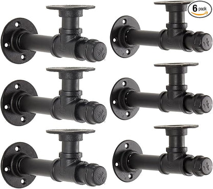 Industrial Pipe Shelf Bracket 6.7",Iron L Pipe Shelving Wall Floating Shelf Bracket for 6-12" Board,Industrial Pipe Shelves Heavy Duty Black Metal Pipe Clothing Rack 6 Pack, Include Accessories