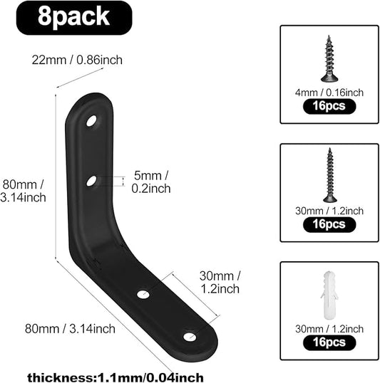8pcs 3 Inch Heavy Duty L Brackets - 90 Degree Wall Mount Right Angle Corner Braces for Shelves, Wood, Cabinets - Black Powder Coated Steel Shelf Supports with Mounting Screws Included