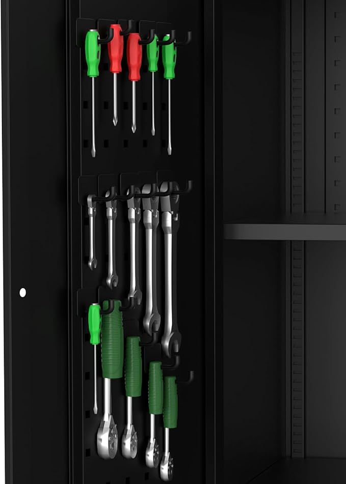GarveeHome Garage Storage Cabinet with Wheels & Pegboard, 72 in H Locking Metal Storage Cabinet with 2 Doors & 4 Adjustable Shelves for Garage Workshop Home Office, Black