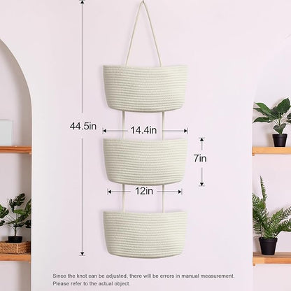 TeoKJ Over the Door Hanging Baskets, 3-Tier Woven Cotton Storage Organizer Bag with Hooks Wall-Mounted Decorative Nursery Kitchen Baskets - White