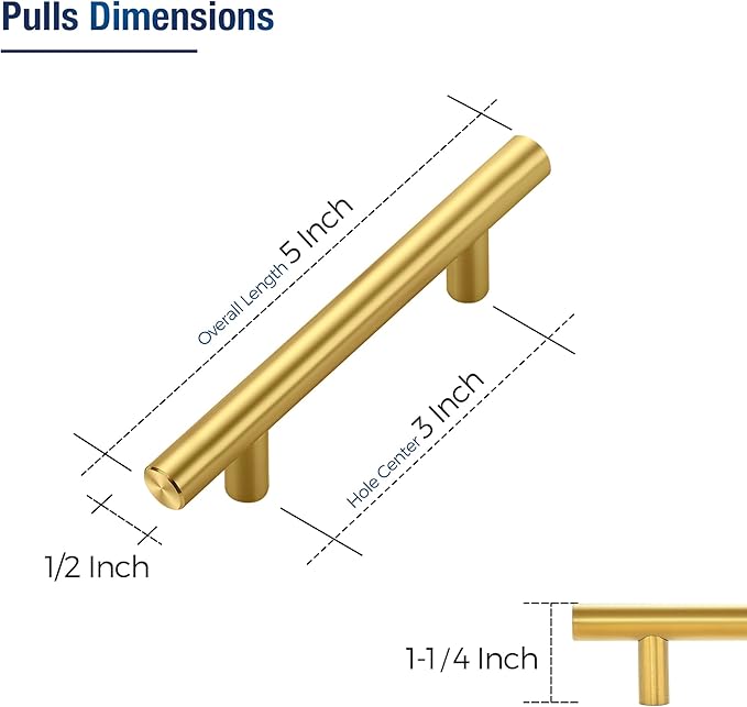 JOY DECOR 60 Pack Cabinet Handles, Gold Cabinet Pulls, 3 in Hole Center Kitchen Cabinet Handles, Stainless Steel T Bar Handles for Dresser Drawers