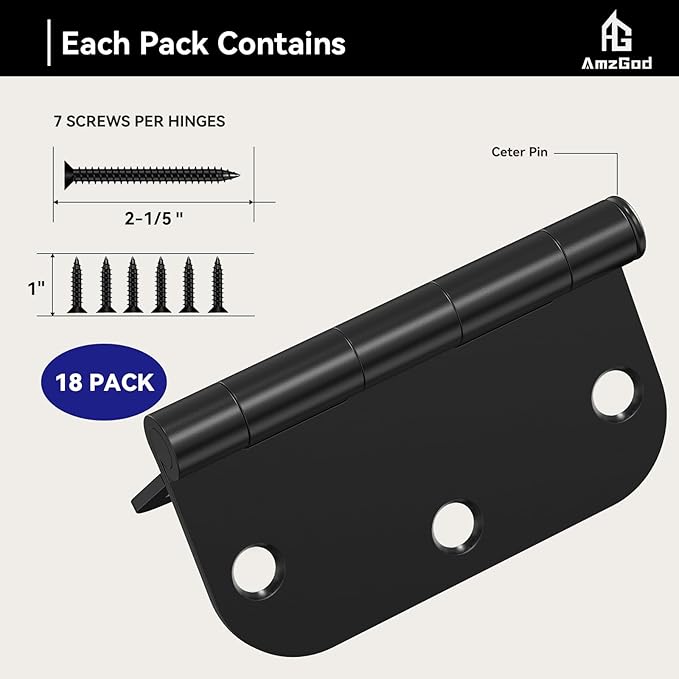Door Hinges Matte Black - 18 Pack Black Door Hinges 3.5 Inch Rounded Interior Door Hinge with 5/8" Radius Corners - Black Hinge for Doors 3 1/2 Inches Flat Iron Residential Door Hardware