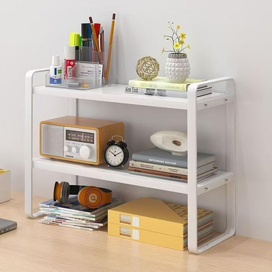 Hbluefat Desktop Organizer Shelf, 2-Tier Multipurpose Tabletop Storage Bookshelf, Small Wooden Countertop Storage Rack for Home Office Kitchen (White+White)