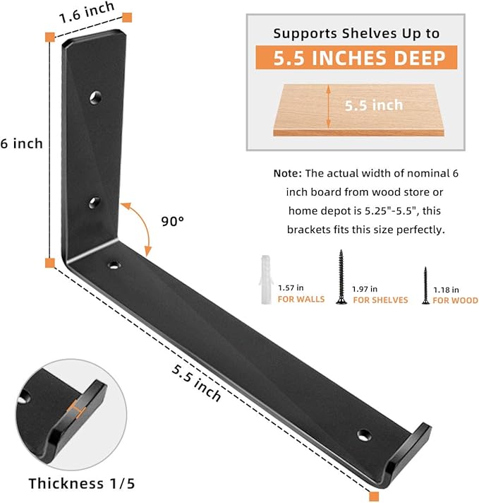 Shelf Brackets 5.5 x 4 Inch, Heavy Duty Black Metal Floating Shelf Bracket, Rustic Farmhouse Decorative Iron L Bracket with Lip/Hook, J Brackets Wall Angel Corner Brace for Wood Shelves - 6 Pack