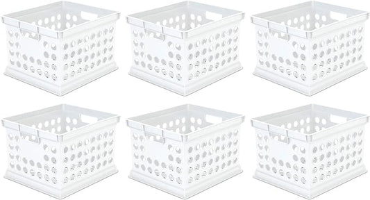Sterilite Stackable Plastic Storage Crate Bin Organizer File Box with Handles for Home, Office, Dorm, Garage, or Utility Organization, White, 6-Pack