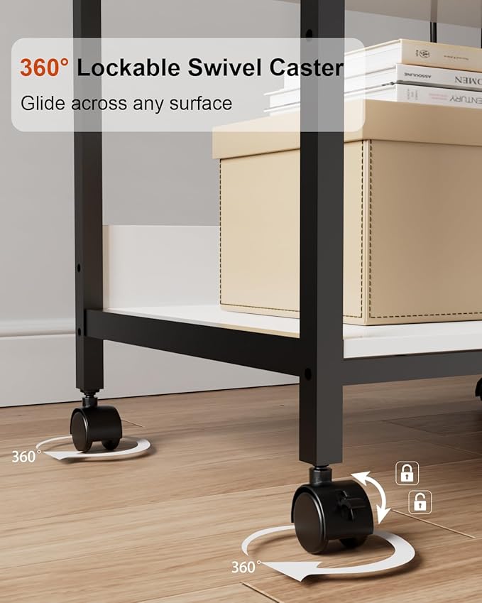 Tall Printer Stand with Charging Station, 4-Tier Large Printer Table Adjustable Shelf, Mobile Printer Cart on Wheels Heavy Duty for Home Office, Fits 3D Printer Shredder Scanner Fax, White