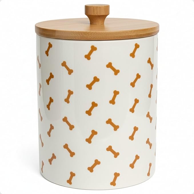 Dog Treat Container Airtight - 5 Inch Wide x 6.4 Inch Tall Ceramic Dog Treat Jar for Kitchen Counter with Airtight Bamboo Lid - 4 Cup Capacity Pet Treats Container - Doggie Cookie Jar Treats Canister
