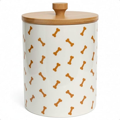 Dog Treat Container Airtight - 5 Inch Wide x 6.4 Inch Tall Ceramic Dog Treat Jar for Kitchen Counter with Airtight Bamboo Lid - 4 Cup Capacity Pet Treats Container - Doggie Cookie Jar Treats Canister