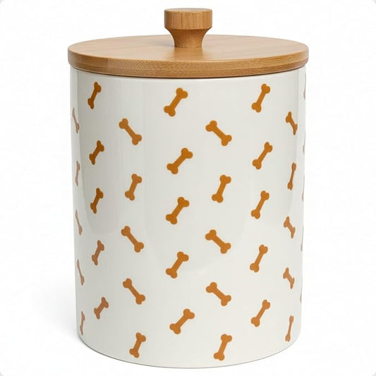 Dog Treat Container Airtight - 5 Inch Wide x 6.4 Inch Tall Ceramic Dog Treat Jar for Kitchen Counter with Airtight Bamboo Lid - 4 Cup Capacity Pet Treats Container - Doggie Cookie Jar Treats Canister
