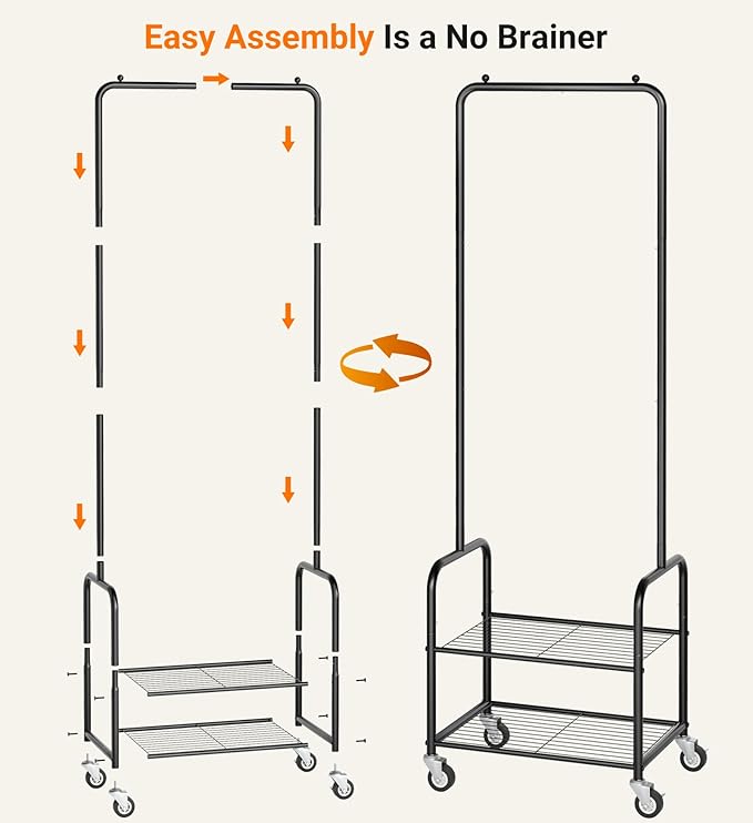 AOODA Small Clothes Rack with Shelves, Metal Sturdy Rolling Clothing Racks for Hanging Clothes, Portable Garment Rack with Wheels for Shirts, Coats, Shoes, Bags (Black)
