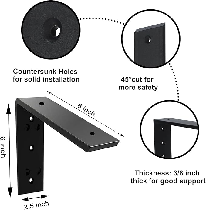 Heavy Duty 6 Inch Black Granite Countertop Support Bracket 4 Pack - 6"x6"x2.5" Shelf L Bracket Mantel Corbels for Quartz, Granite, Wood, Concrete, Laminate Countertops
