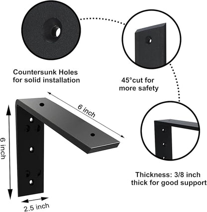 Heavy Duty 6 Inch Black Granite Countertop Support Bracket 4 Pack - 6"x6"x2.5" Shelf L Bracket Mantel Corbels for Quartz, Granite, Wood, Concrete, Laminate Countertops