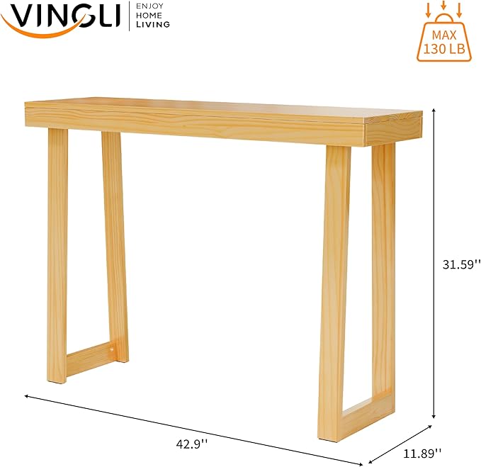 VINGLI 42.9" Entryway Table, Solid Wood Console Table, Narrow Sofa Table Behind Couch, Thin, for Living Room, Entrance, Hallway, Foyer, Bedroom, Office, Natural Wood