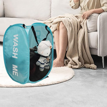 2Pack Mesh Pop Up Laundry Hamper, Foldable Laundry Basket with Side Pocket for Bedroom, Laundry Room, Travel, Cruise (Black+Blue)