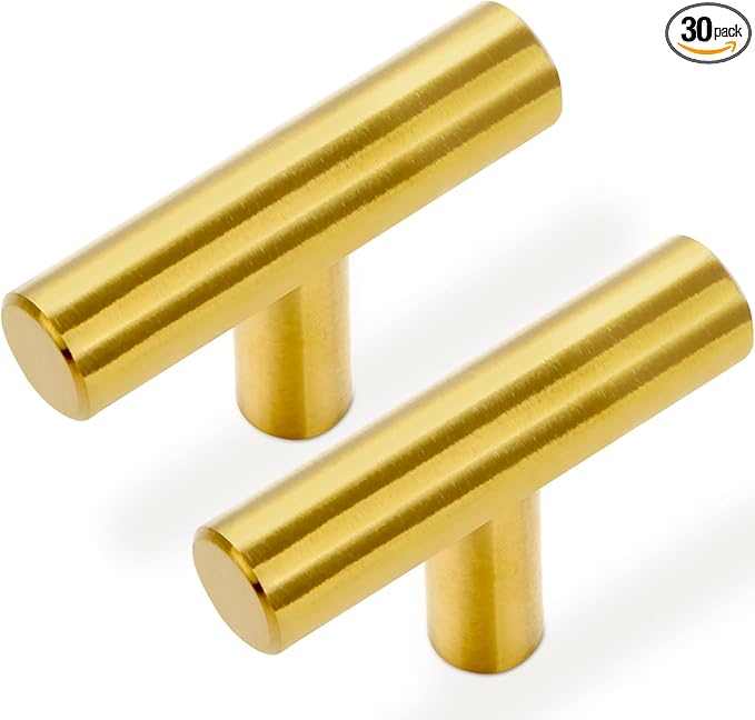 Estmoon 30 Pack Brushed Brass Cabinet Knobs Gold Drawer Pulls Stainless Steel Brushed Gold Dresser Knobs for Cabinets Cupboard Bathroom Kitchen Hardware, Single Hole T Bar Pulls, 2in Overall Length