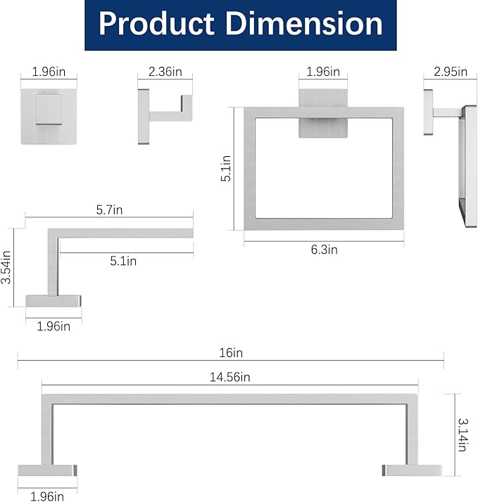 Brushed Nickel Towel Rack for Bathroom Wall Mounted, Bathroom Accessory Set 5-Pieces Bathroom Hardware Set 16In Towel Bar Set