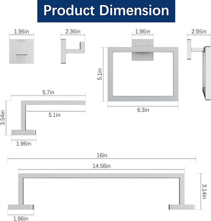 Brushed Nickel Towel Rack for Bathroom Wall Mounted, Bathroom Accessory Set 5-Pieces Bathroom Hardware Set 16In Towel Bar Set