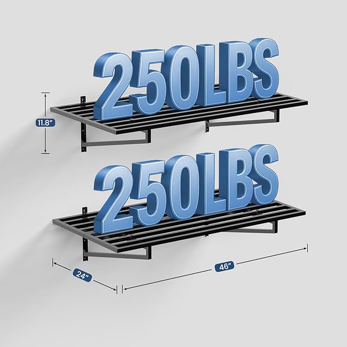 2-Pack Heavy Duty Garage Wall Shelves, 2' x 4' Powder-Coated Alloy Steel Storage Rack with 6 Utility Hooks, 500 lbs Total Capacity, Rust-Resistant Floating Shelving for Bins, Tools & Camping Gear