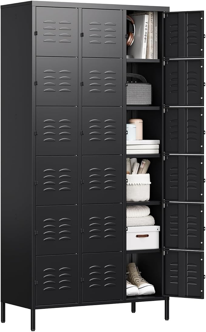 Letaya Metal Lockers for Employees-18 Door Storage Locker with Shelves and Lockable Steel Cabinet for School,Gym,Office,Staff (Black, 18 Door)