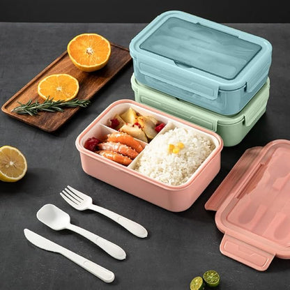 NatraProw Bento Box for Adult, 1400 ML Lunch Containers for Adults, LeakProof Lunch Box with Utensils, BPA Free, 3 Compartment Bento Box Microwave Safe, Light Pink