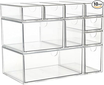 Acrylic Makeup Organizer, 10 Drawers Clear Storage Organizer Desktop Stackable Storage Drawers, Plastic Organizer Bins for Makeup, Stationery, Cosmetics, Vanity, Bathroom,Cabinet,Pantry Office Desk