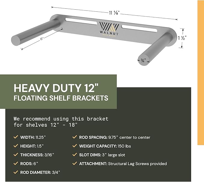 Floating Shelf Bracket - 12” Hidden Shelf Brackets, 150 LB Weight Capacity, Supports Wall Mounted Floating Shelves of Any Length, 3/4 Inch Industrial Solid Steel Support Rods Walnut Wood Works