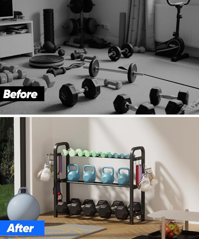 Adjustable Dumbbell Rack, Weight Storage Stand Holder for Dumbbells & Kettlebells, Heavy-Duty Home Gym Organizer with 6 Hook for Home Gym Equipment Accessories (Rack Only)