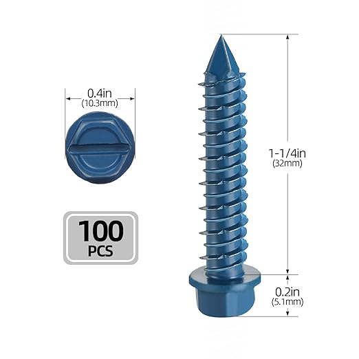 1/4" x 1-1/4" Concrete Screws, 100 PCS Blue Hex Washer Head Concrete Screws Anchor Kit with Drill Bit and Hex Bit Socket, for Masonry, Cement, Block, Brick or Stucco