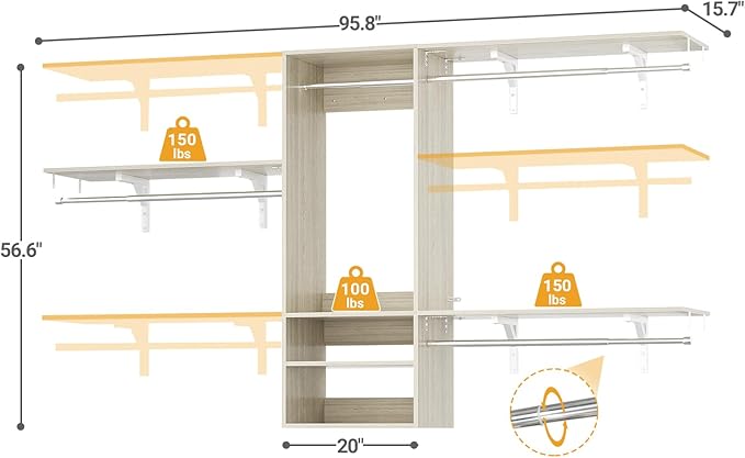 Cyclysio 96 Inch Closet System, 8 FT Hanging Closet Organizer System, Walk in Closet System with 4 Adjustable Rods and 3 Shelving Towers for 4-8FT Spaces(Cut-to-Fit), Oak