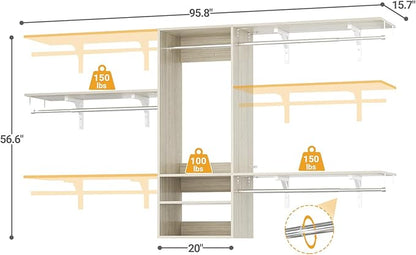 Cyclysio 96 Inch Closet System, 8 FT Hanging Closet Organizer System, Walk in Closet System with 4 Adjustable Rods and 3 Shelving Towers for 4-8FT Spaces(Cut-to-Fit), Oak