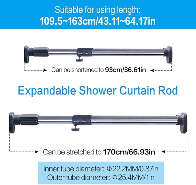 BAOYOUNI Adjustable Shower Window Curtain Tension Rod Oval Head Decorative Straight Closet Wardrobe Rail Pole Bar Clothes Hanger for Bathroom Kitchen Balcony, Grey, 43.11-64.17 Inches