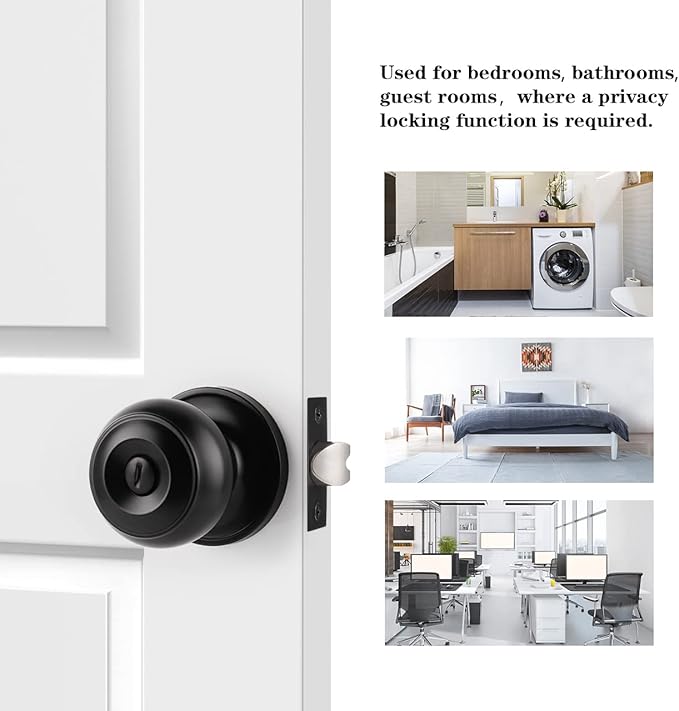 Probrico Black Door Knobs for Bedroom Bathroom, Interior Door Knob with Round Ball, Matte Black Privacy Door Knob, 6 Pack