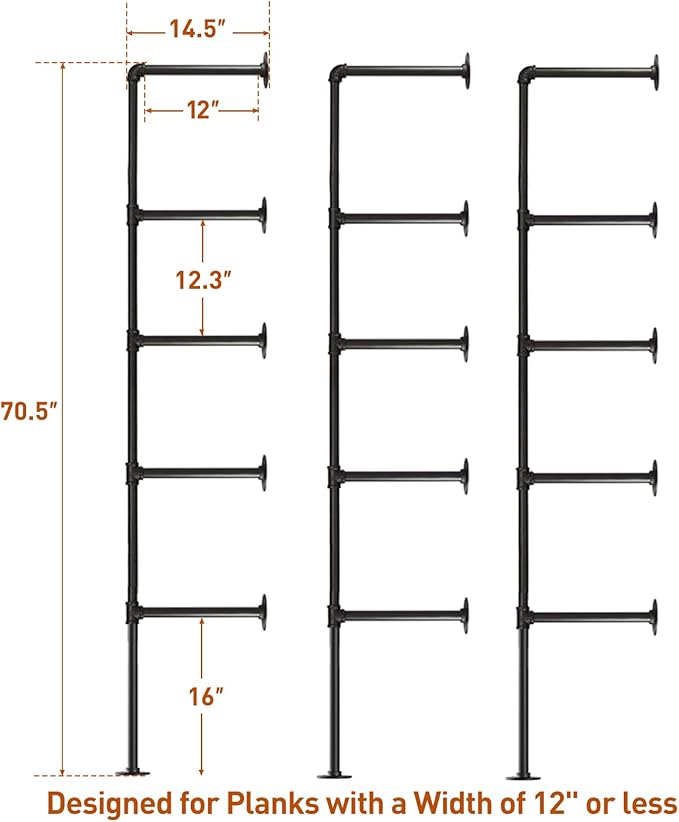 HITOMEN Industrial Iron Pipe Shelves, 3 Set 5-Tier 70.5" Tall 12" Depth, DIY Open Bookshelf Bookcase, Wall Mounted Vintage Retro Shelving, Rustic Farmhouse Pantry Kitchen Storage, Black Shelf Brackets