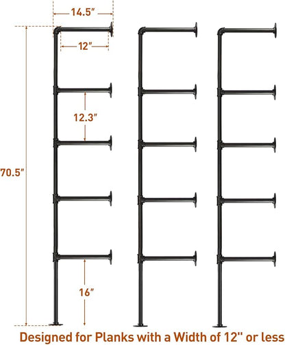 HITOMEN Industrial Iron Pipe Shelves, 3 Set 5-Tier 70.5" Tall 12" Depth, DIY Open Bookshelf Bookcase, Wall Mounted Vintage Retro Shelving, Rustic Farmhouse Pantry Kitchen Storage, Black Shelf Brackets