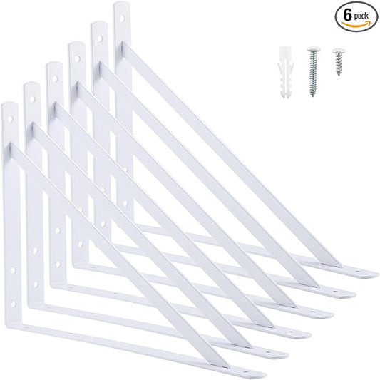 HOME MASTER HARDWARE 20 x 13 inch Heavy Duty Shelf Brackets, 6-Pack White Metal L Brackets - 90 Degree Angle Supports for Wall Mounted Wood Shelving, Floating Shelves with Screws